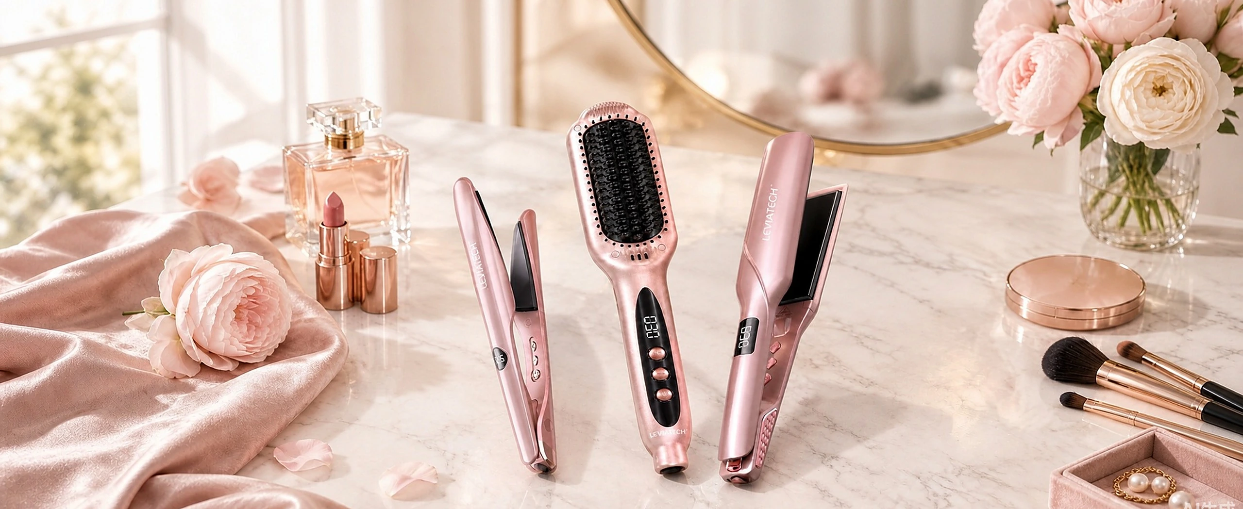 Leviatech beauty appliances on a marble vanity table