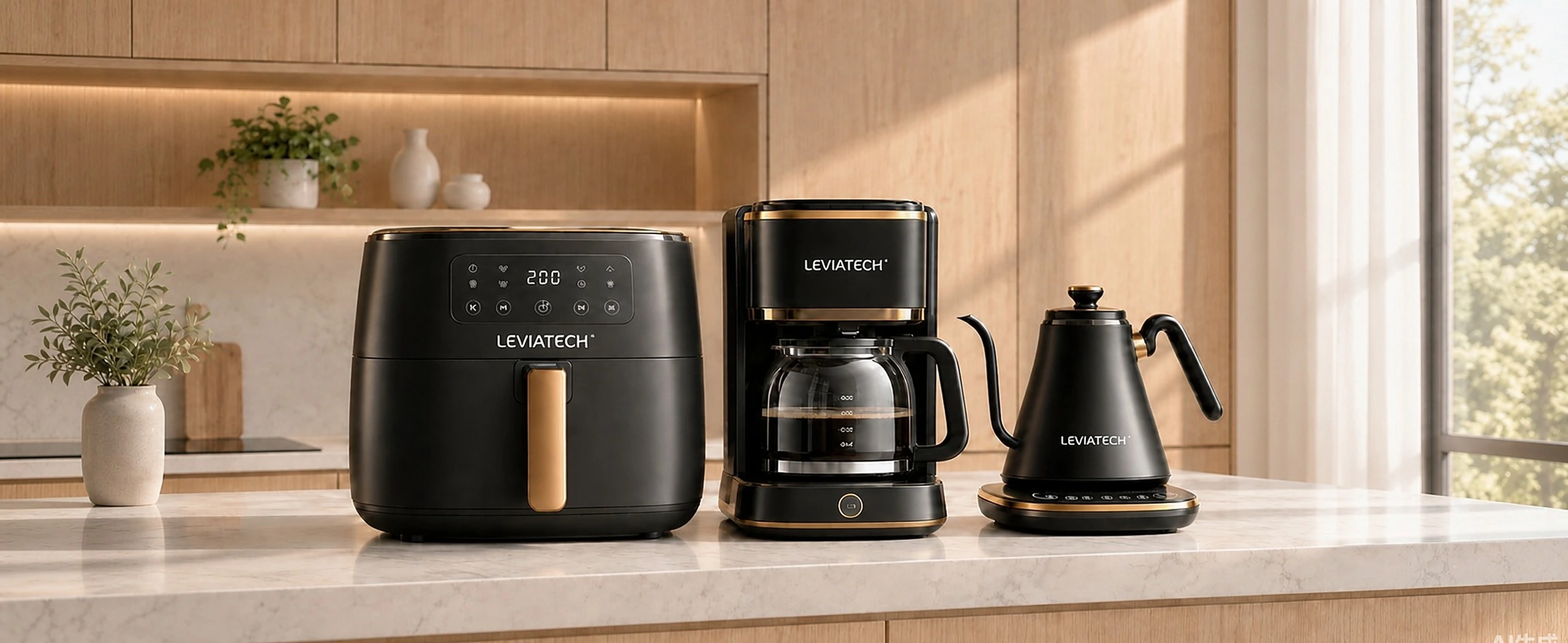 Leviatech kitchen appliances on a warm marble countertop